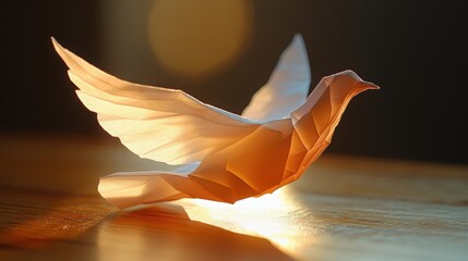 Poster - A translucent vellum origami dove backlit by warm sunlight, casting delicate shadows on a wooden surface