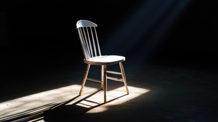 Poster - A Single White Chair Illuminated by Soft Light in a Dimly Lit Room, Casting Shadows on the Floor, Evoking a Sense of Solitude and Contemplation