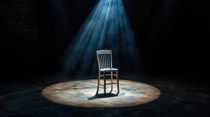 Poster - Illuminated Wooden Chair in a Dark Space with Dramatic Lighting and Shadows, Creating a Captivating Atmosphere for Performance or Artistic Expression