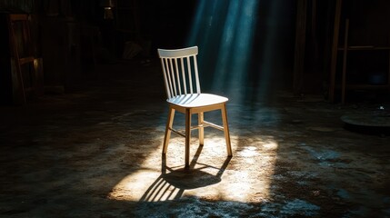 Poster - Sunlight Illuminates a Wooden Chair in a Dusty Room, Casting Shadows and Creating an Atmosphere of Solitude and Reflection in a Rustic Setting
