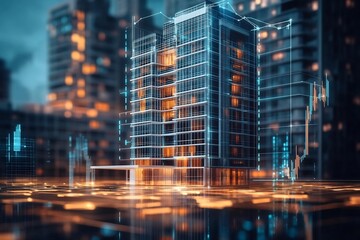 Poster - Digital architecture visualization with financial graphs overlay in a futuristic cityscape