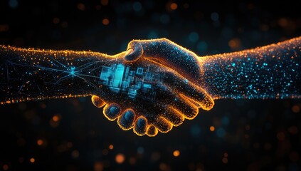 Aufkleber - digital handshake with glowing orange and blue particles on dark background represents tech partners