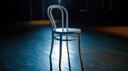 Poster - Minimalistic and Elegant White Chair on a Dark Wooden Floor Illuminated by Soft Light, Perfect for Interior Design and Home Decor Projects