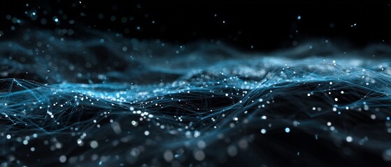 Fototapete - Abstract digital network connection with glowing nodes and lines on black background