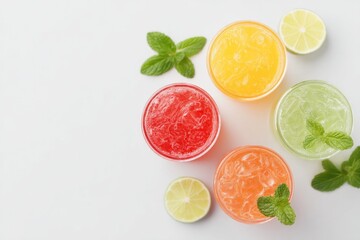 Poster - assortment of beverages isolated on white background minimalistic composition with clean image quali