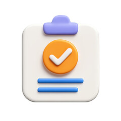 Poster - 3D Rendered Checklist Icon Orange Check Mark on White Clipboard