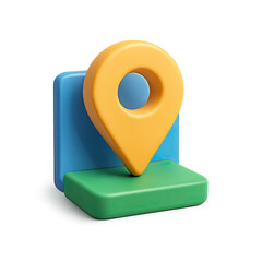 Poster - Glowing Yellow Location Pin 3D Icon on Green and Blue Blocks