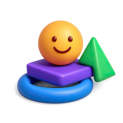 Poster - Smiling 3D Yellow Sphere on Stacked Colorful Geometric Shapes