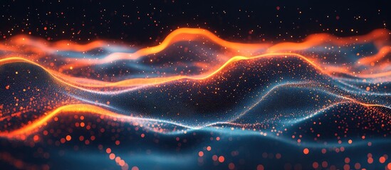 Aufkleber - dynamic digital landscape with flowing orange and blue waves interspersed with twinkling lights and 