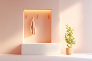 Poster - minimalistic entryway with coat hooks and small bench surrounded by ample copy space