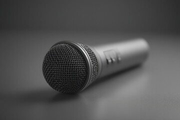 Poster - minimalistic scene of karaoke microphone with buttoned controls on empty table