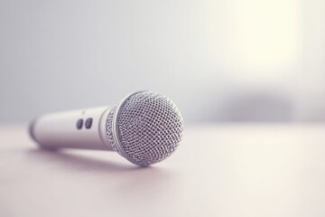 Poster - minimalistic scene of karaoke microphone with buttoned controls on empty table