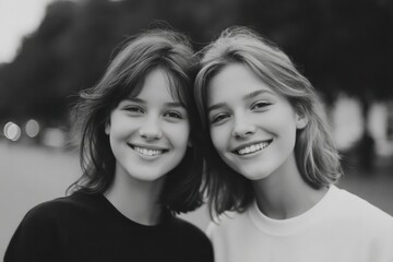 Poster - two friends laughing together on sunny day with blurred outdoor background and ample copy space