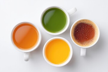 Poster - vivid close-up shot of diverse beverages on white background minimalistic style
