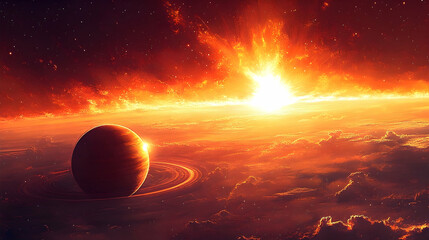 Wall Mural - Fiery cosmic scene of a planet with rings.