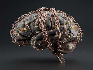 Poster - Artificial brain concept with circuitry details secured by metal chains showing dependency