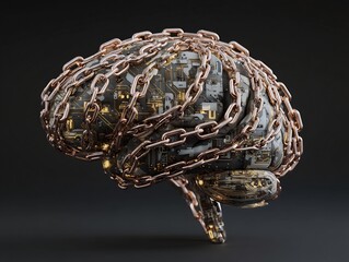 Poster - Conceptual rendition of a circuit board brain constrained by metal chains