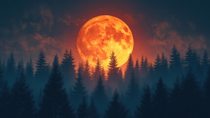Wall Mural - a fiery orange full moon rises over a dark forest casting a warm glow through the quiet night
