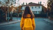 © JoaoNalio - A person in a yellow jacket walks down a street towards houses, carrying a backpack in the daytime.