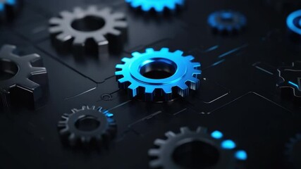 Poster - Blue Gears on Dark Background with Technology Theme and Futuristic Appeal for Industrial and Mechanical Designs 4k video footage