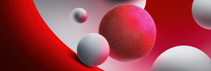 Poster - A red and white background with three red and white spheres. The spheres are in different sizes and are scattered around the background. The image has a playful and whimsical mood