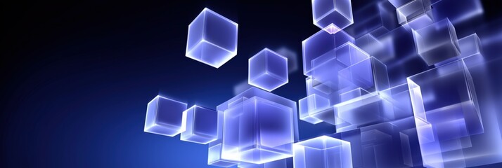 Fototapete - A blue background with many cubes of different sizes. The cubes are all clear and appear to be floating in the air. The image gives off a futuristic and technological vibe