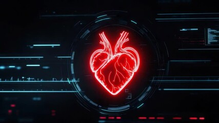 Fototapete - Futuristic Neon Heart Graphic with Abstract Data Elements and Digital Interface 4k video footage