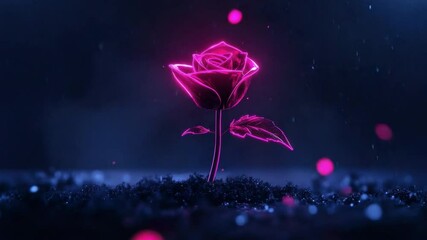 Poster - neon rose in dark atmosphere with glowing petals and sparkling background 4k video footage