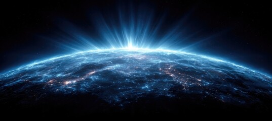 Aufkleber - glowing blue planet displaying city lights and emitting rays in dark space abstract illustration of 