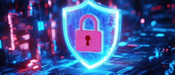 Poster - glowing digital shield with a lock futuristic graphic design