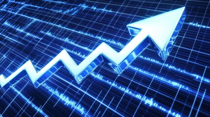 Poster - Growing graph chart with a bright light blue arrow on a digital background