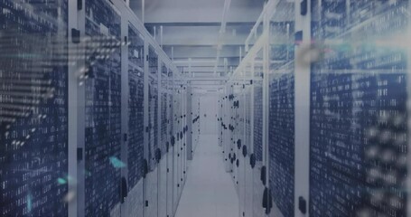 Poster - 3D render data center corridor glowing under cool lights showing racks with floating binary code