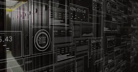 Poster - Black server cabinets streaming data metrics in data center aisle, showing HUD charts in 3D render