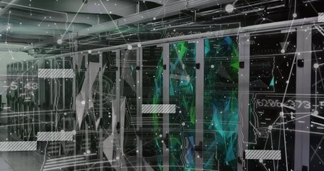 Poster - Server racks showing translucent network overlay and cable trays in data center, in 3D render