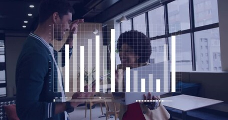 Poster - coworkers discussing technology data in office, showing translucent bar chart overlaying scene