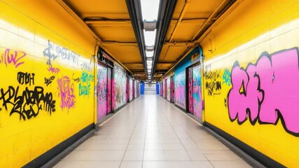 Poster - Vibrant Urban Hallway with Colorful Graffiti Art on Walls and Bright Yellow Background in a Modern Setting 4k video footage