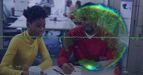 Poster - Two coworkers sketching marketing plan in business meeting, showing animated chart above laptop