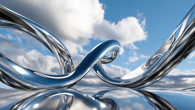 Abstract Silver Metal Curves Against Sky With Clouds