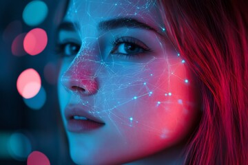Poster - Futuristic woman face with digital interface and vibrant neon light effects
