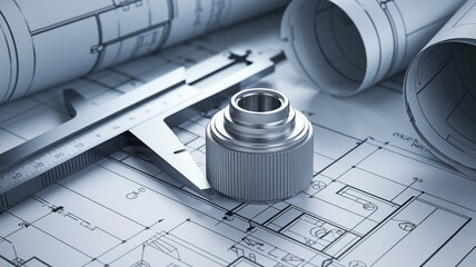 Poster - Close-up of metallic part on blueprint, showcasing precision engineering design, symbolizing accuracy, industry, and manufacturing process