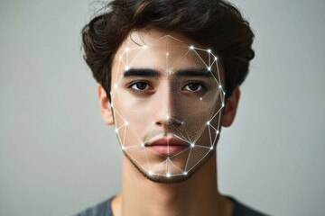 Poster - Digital Identity: Young man with face recognition technology overlay on his face