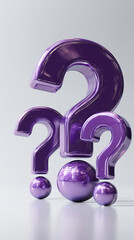Poster - Three glossy purple question marks and spheres, creating a balanced composition, symbolizing inquiry, uncertainty, and problem-solving, ideal for conceptual design or presentations