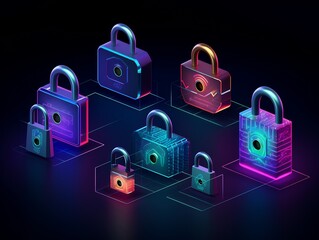 Fototapete - Neon illuminated cyber security locks ensuring data protection in digital world