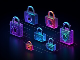 Poster - Neon Padlocks with Geometric Design for Digital Security Visualization
