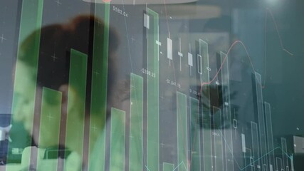 Poster - office team collaborating around desk, overlaying green finance bar graphs and candlestick charts
