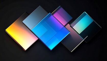 Poster - block plates on dark blue background. Crystal geometric square shapes with flare and prism light refraction. Abstract black cube bg, render digital tech banner. 3D illustration,connection,