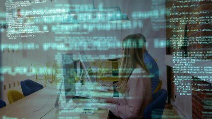 Poster - Two software developers collaborating at desk in open-plan office, with floating green code overlay