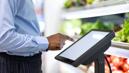 Person using a digital touchscreen kiosk in a grocery store produce section Modern technology in retail