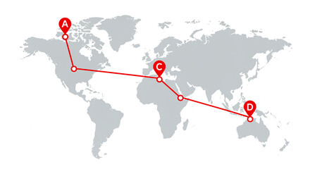 Poster - World map with travel route from North America to Australia showing travel map and route planner