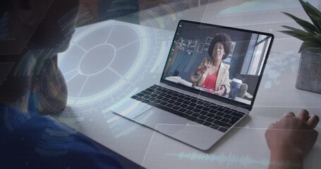 Poster - Woman viewing online business meeting on laptop desk, showing floating HUD charts and icons